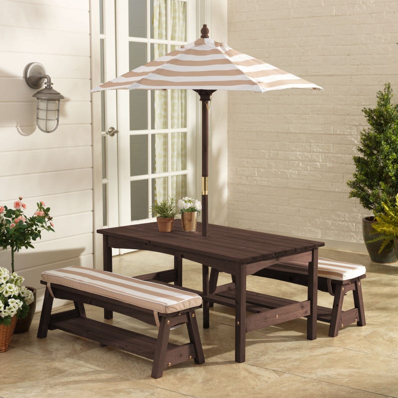 Kids Outdoor Table and Seating Set with Umbrella and Bench - Oatmeal / White
