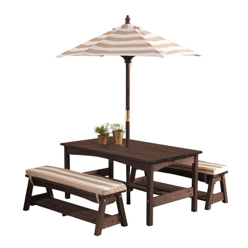 Kids Outdoor Table and Seating Set with Umbrella and Bench - Oatmeal / White