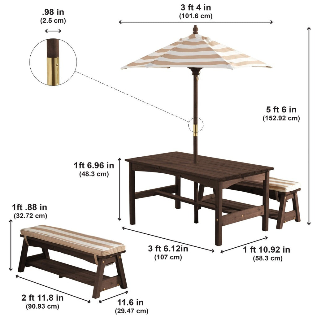 Kids Outdoor Table and Seating Set with Umbrella and Bench - Oatmeal / White