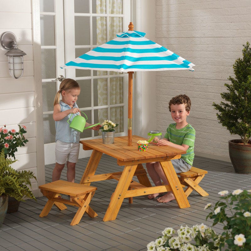 Kids Outdoor Table and Seating Set with Umbrella and Bench