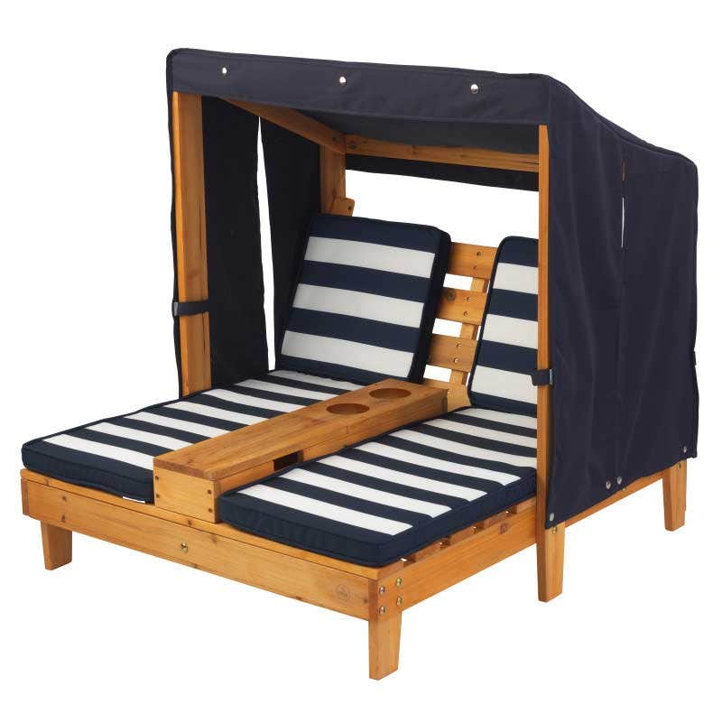 Kids Double Outdoor Chaise Lounge with Cup Holders and Canopy - Honey / Navy