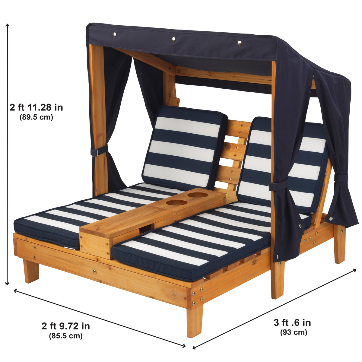Kids Double Outdoor Chaise Lounge with Cup Holders and Canopy - Honey / Navy
