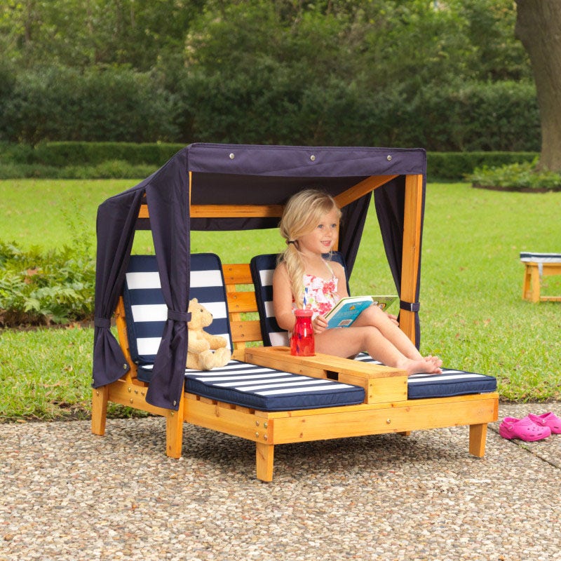 Kids Double Outdoor Chaise Lounge with Cup Holders and Canopy - Honey / Navy
