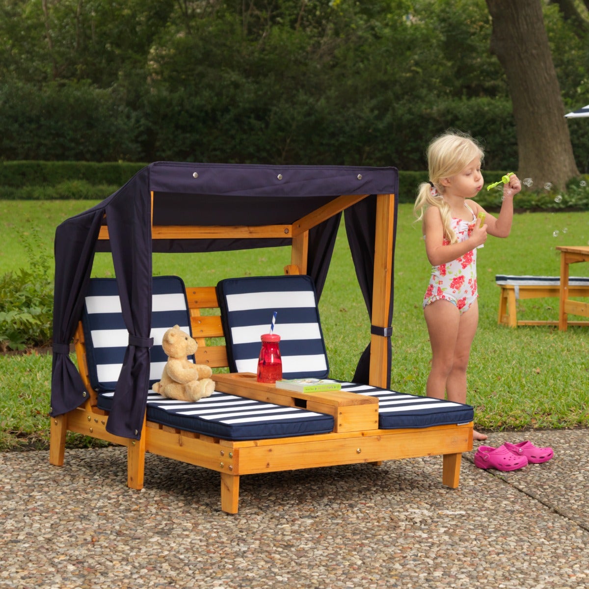 Kids Double Outdoor Chaise Lounge with Cup Holders and Canopy - Honey / Navy
