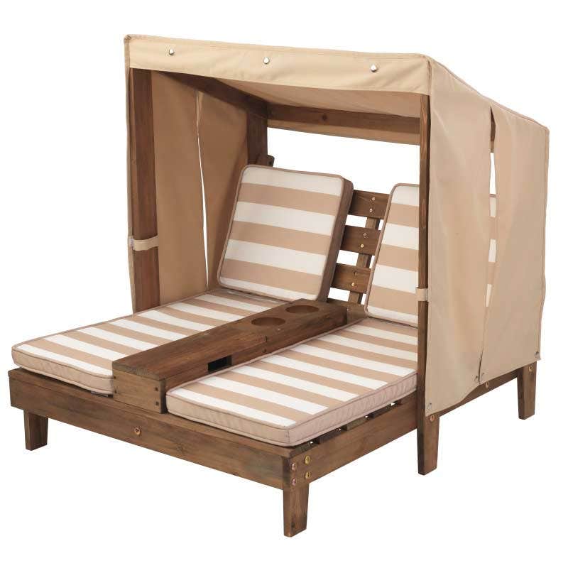 Kids Double Outdoor Chaise Lounge with Cup Holders and Canopy - Espresso / Oatmeal