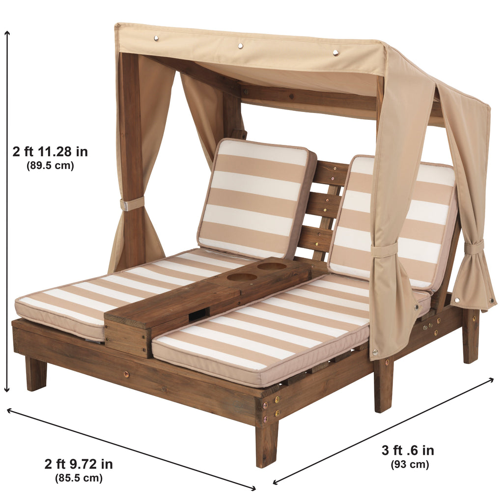 Kids Double Outdoor Chaise Lounge with Cup Holders and Canopy - Espresso / Oatmeal
