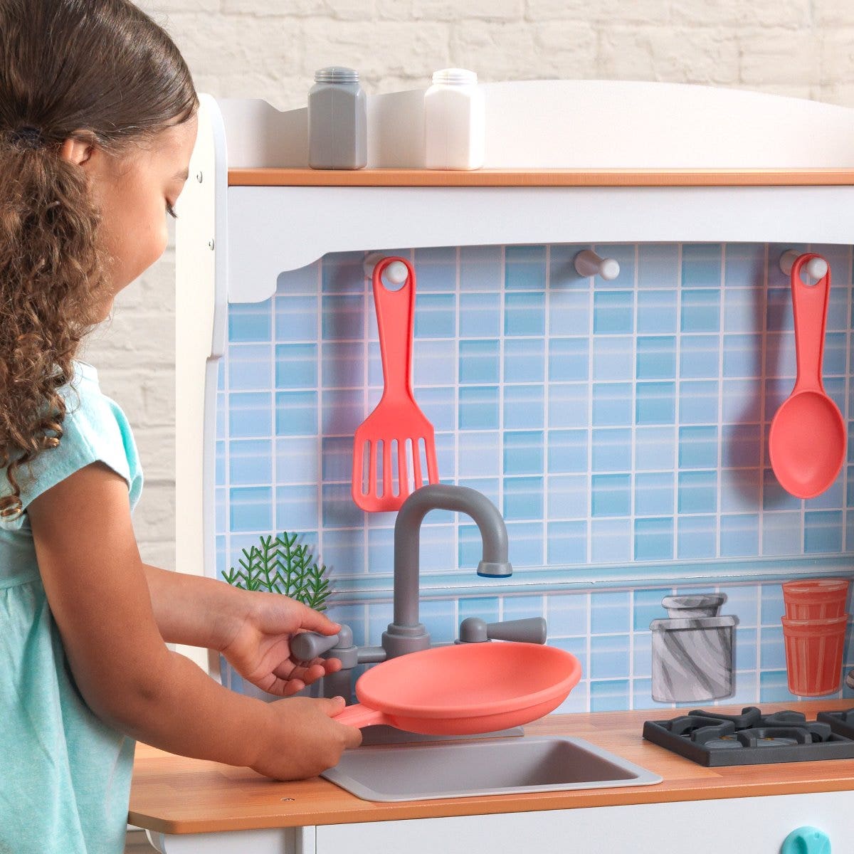 Kids Pretend Play Kitchen with Storage and Toy Ice Maker - Coral