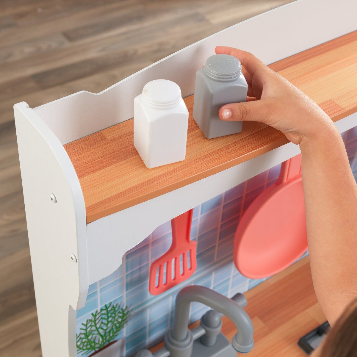 Kids Pretend Play Kitchen with Storage and Toy Ice Maker - Coral
