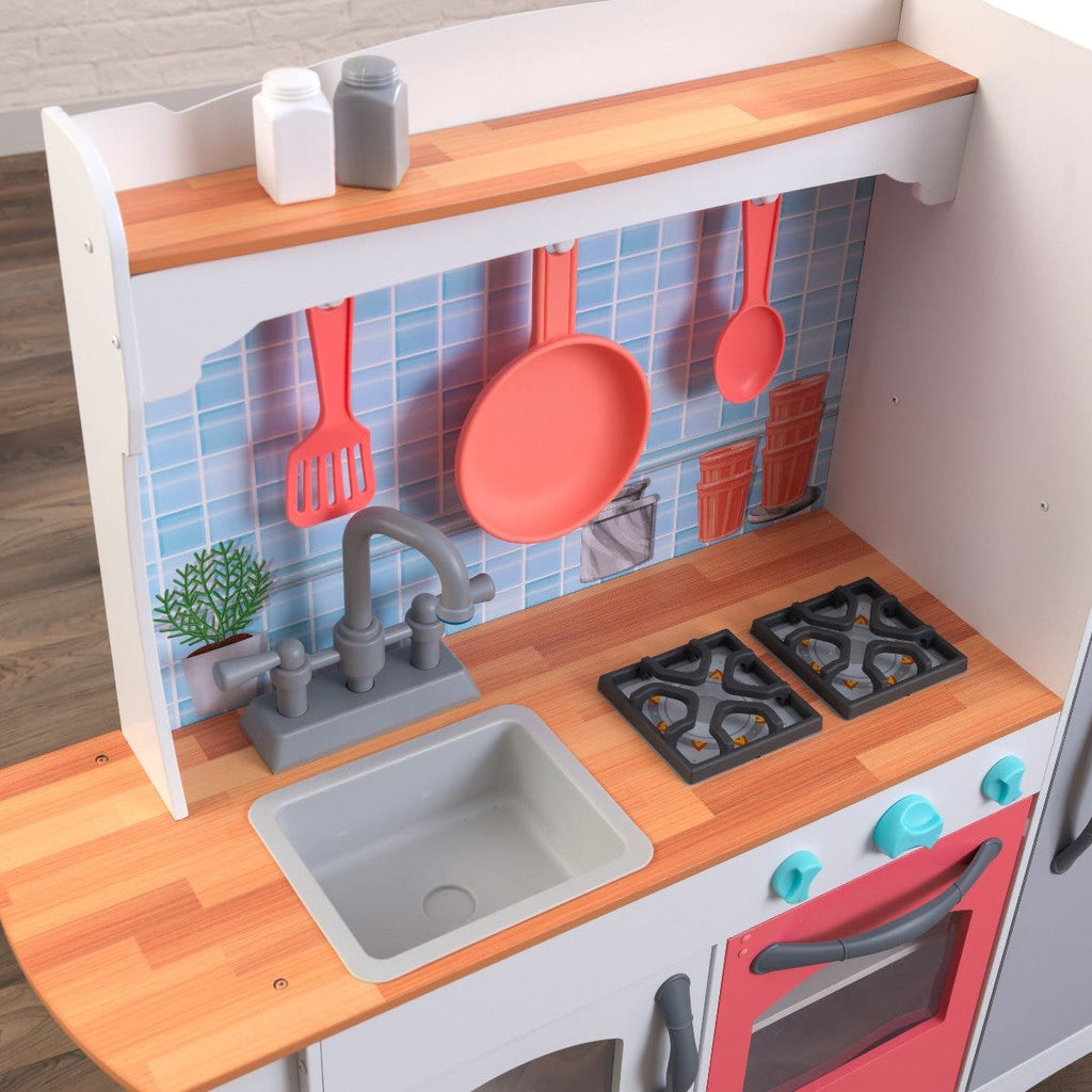 Kids Pretend Play Kitchen with Storage and Toy Ice Maker - Coral