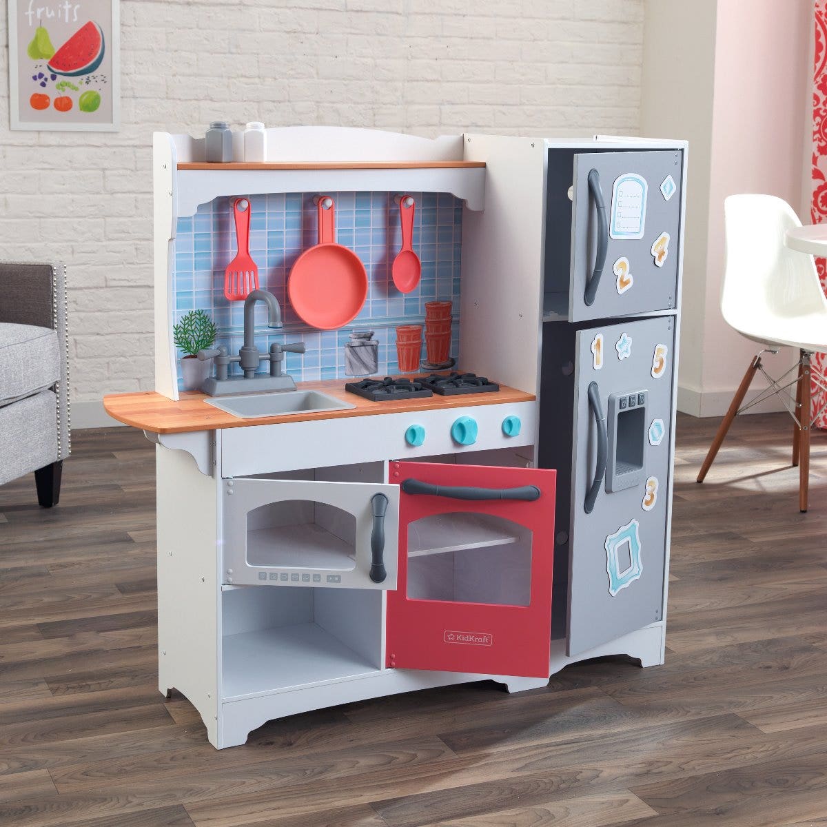 Kids Pretend Play Kitchen with Storage and Toy Ice Maker - Coral