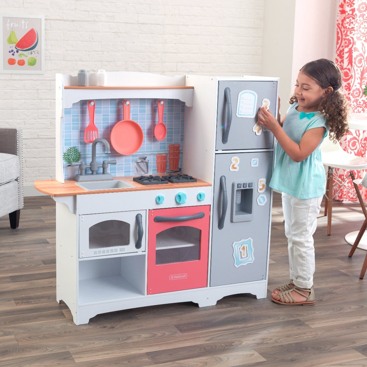 Kids Pretend Play Kitchen with Storage and Toy Ice Maker - Coral