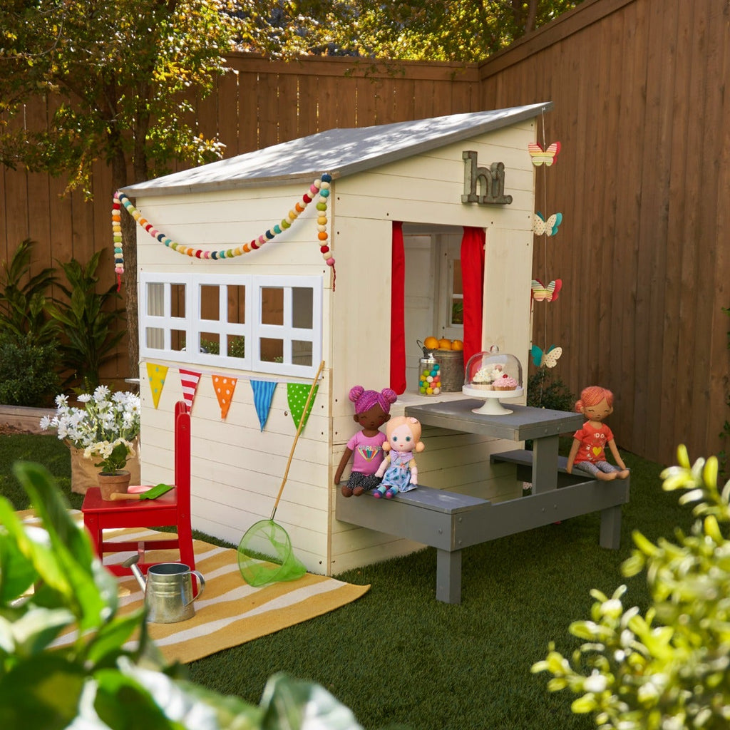 Outdoor Playhouse with Picnic Table and Chalkboard - White