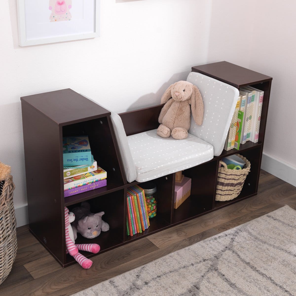 Kids Bookcase and Storage Shelf with Reading Nook - Espresso