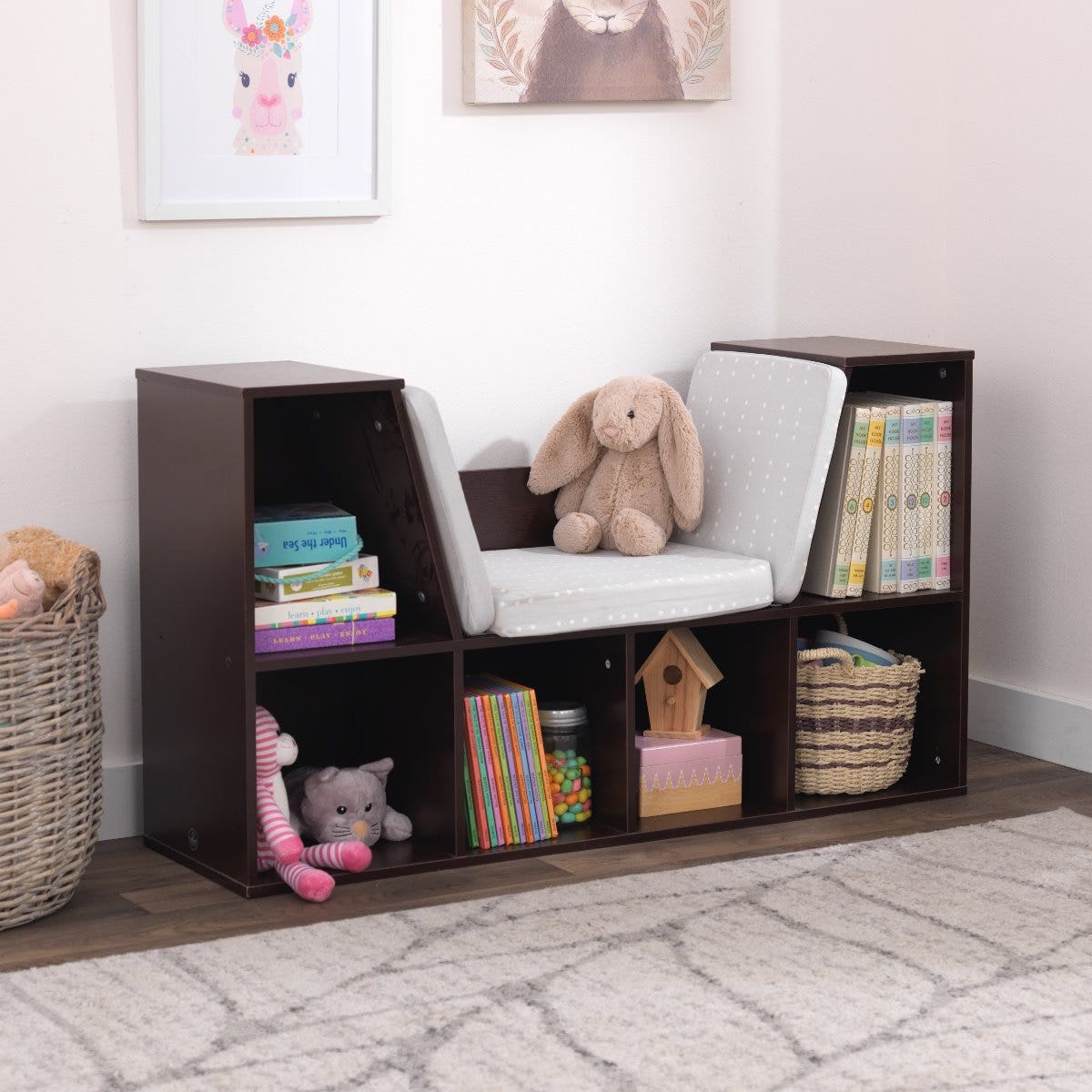 Kids Bookcase and Storage Shelf with Reading Nook - Espresso