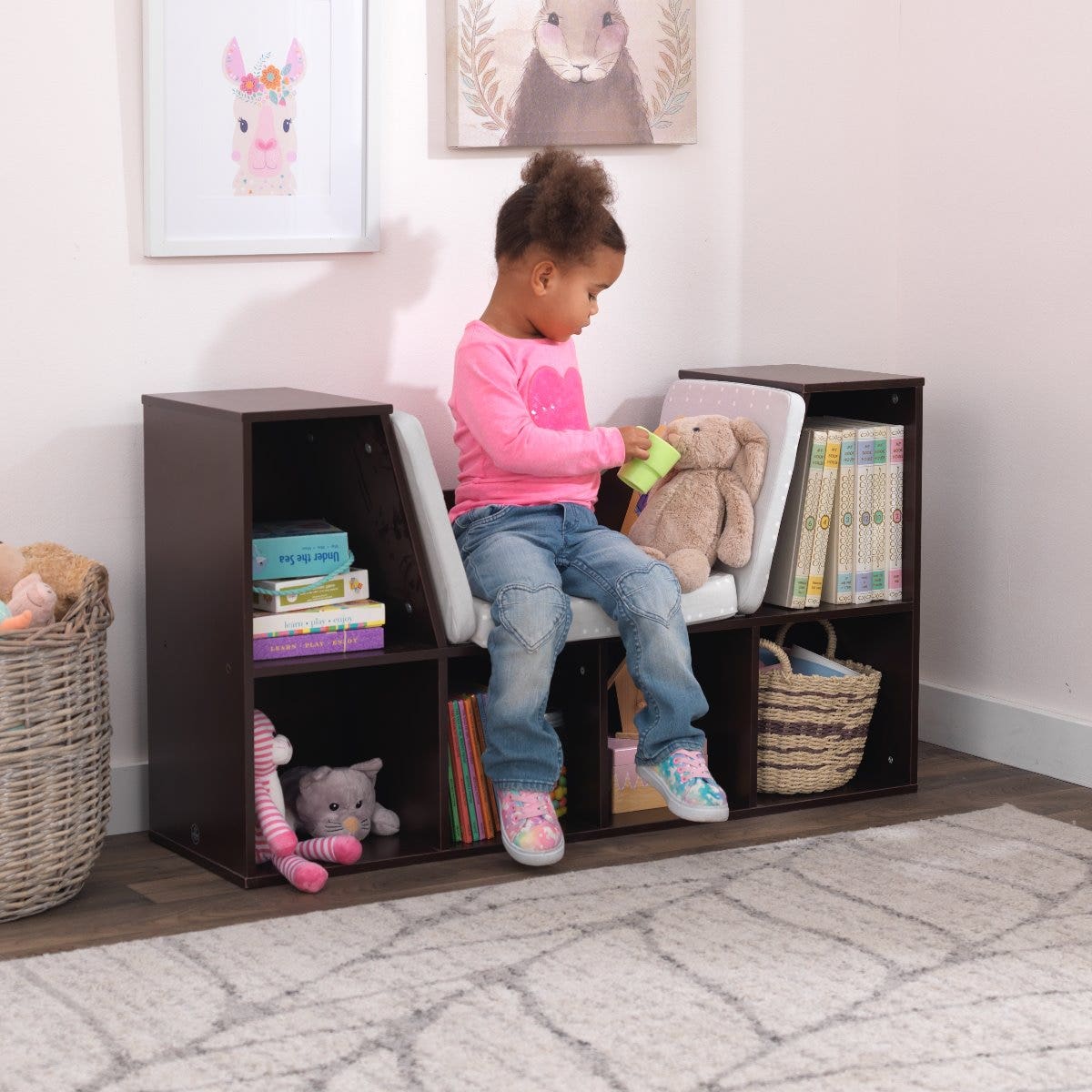Kids Bookcase and Storage Shelf with Reading Nook - Espresso