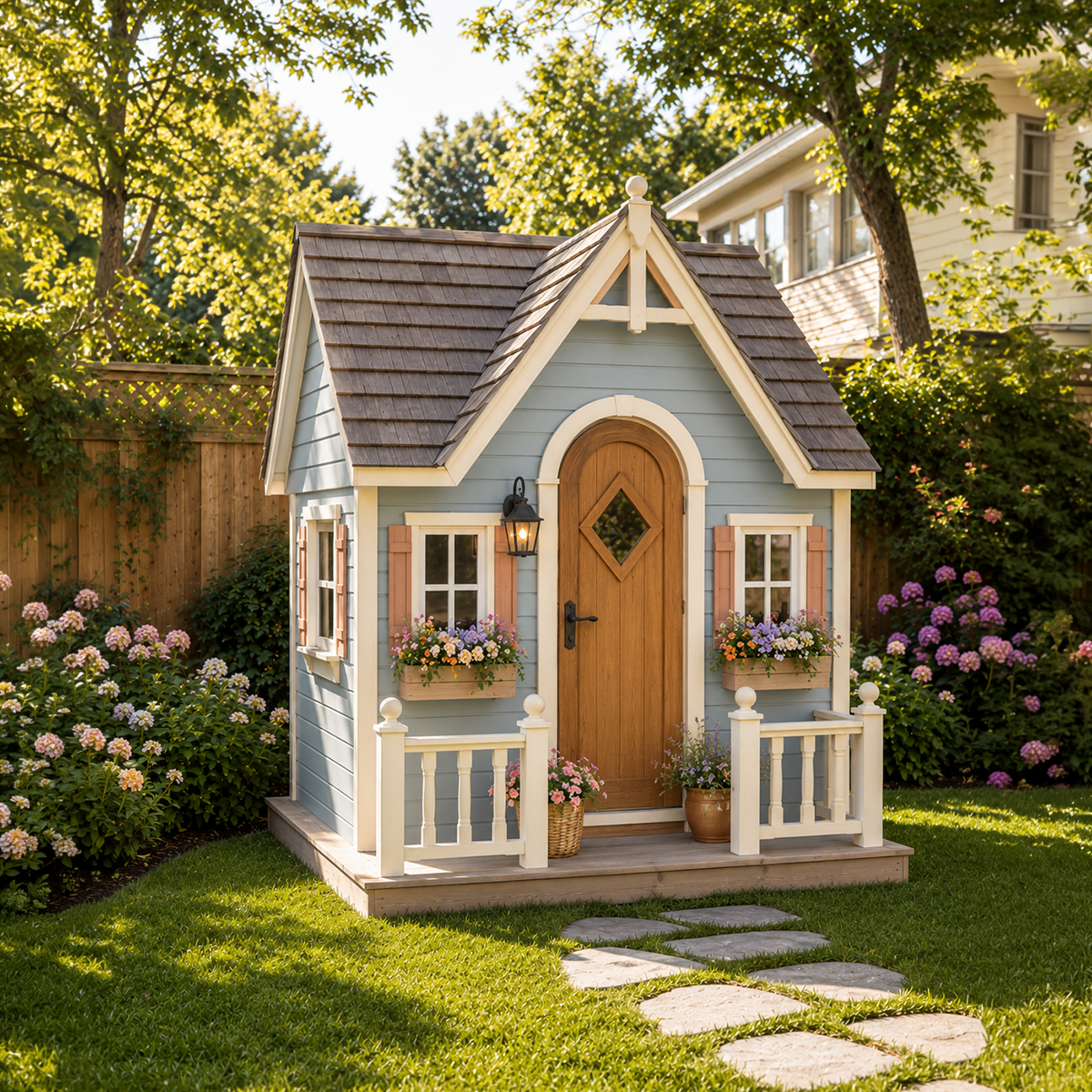 Blue Cottage Garden Playhouse with Front Porch