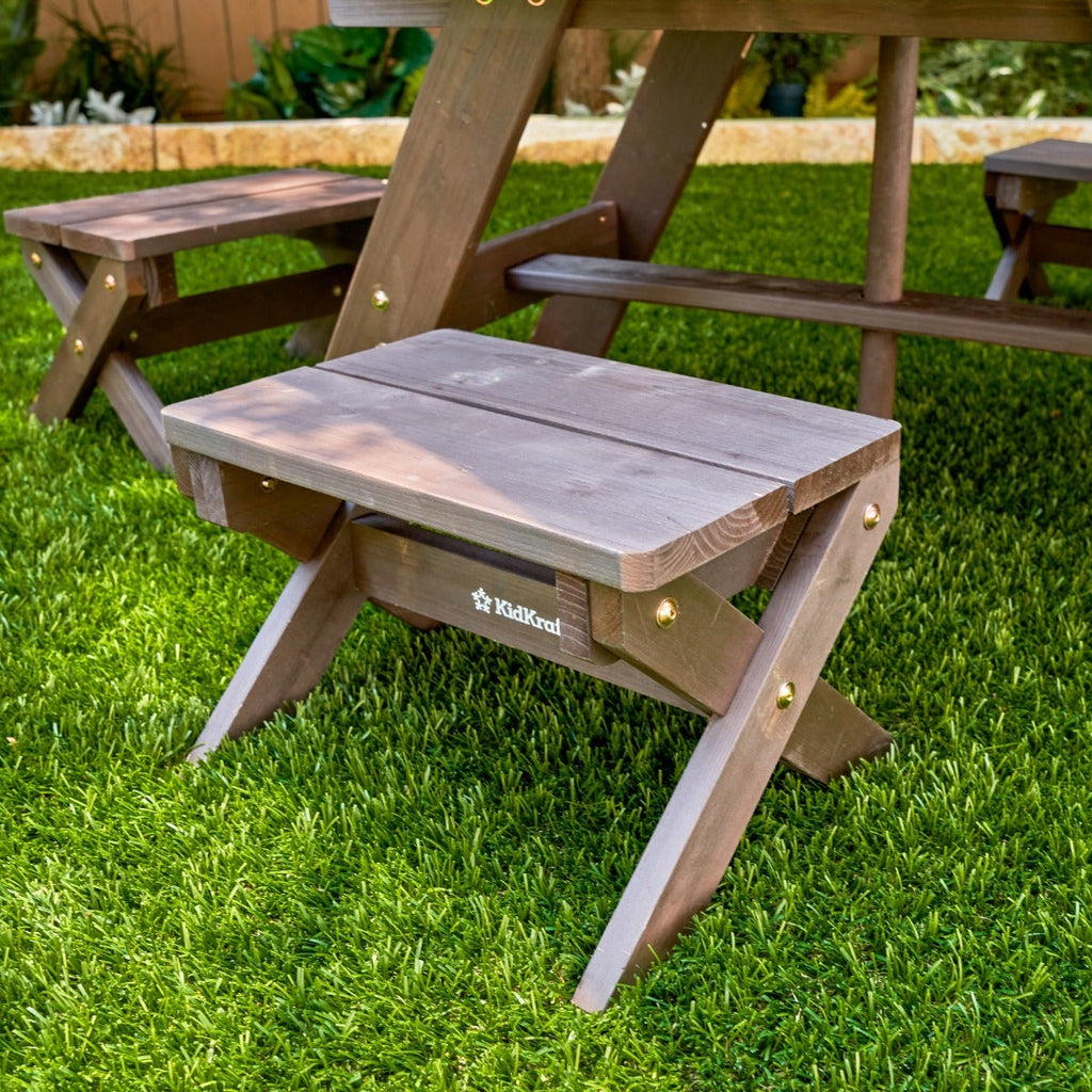 Kids Outdoor Table and Seating Set with Umbrella and Bench - Brown / Beige