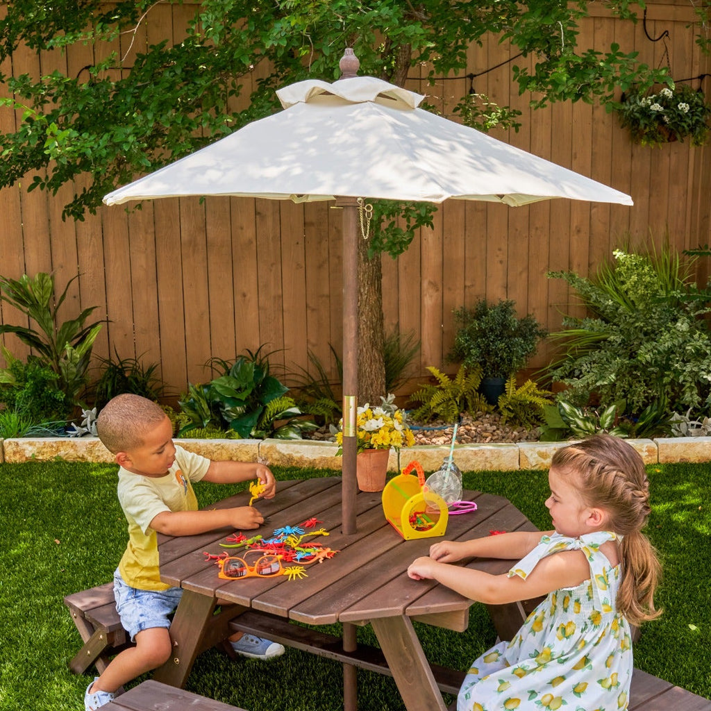 Kids Outdoor Table and Seating Set with Umbrella and Bench - Brown / Beige