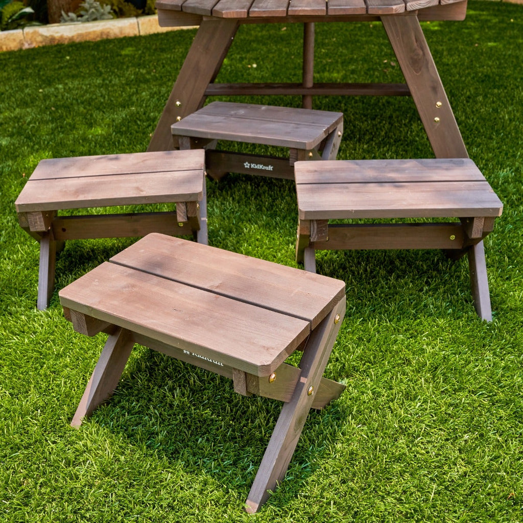 Kids Outdoor Table and Seating Set with Umbrella and Bench - Brown / Beige