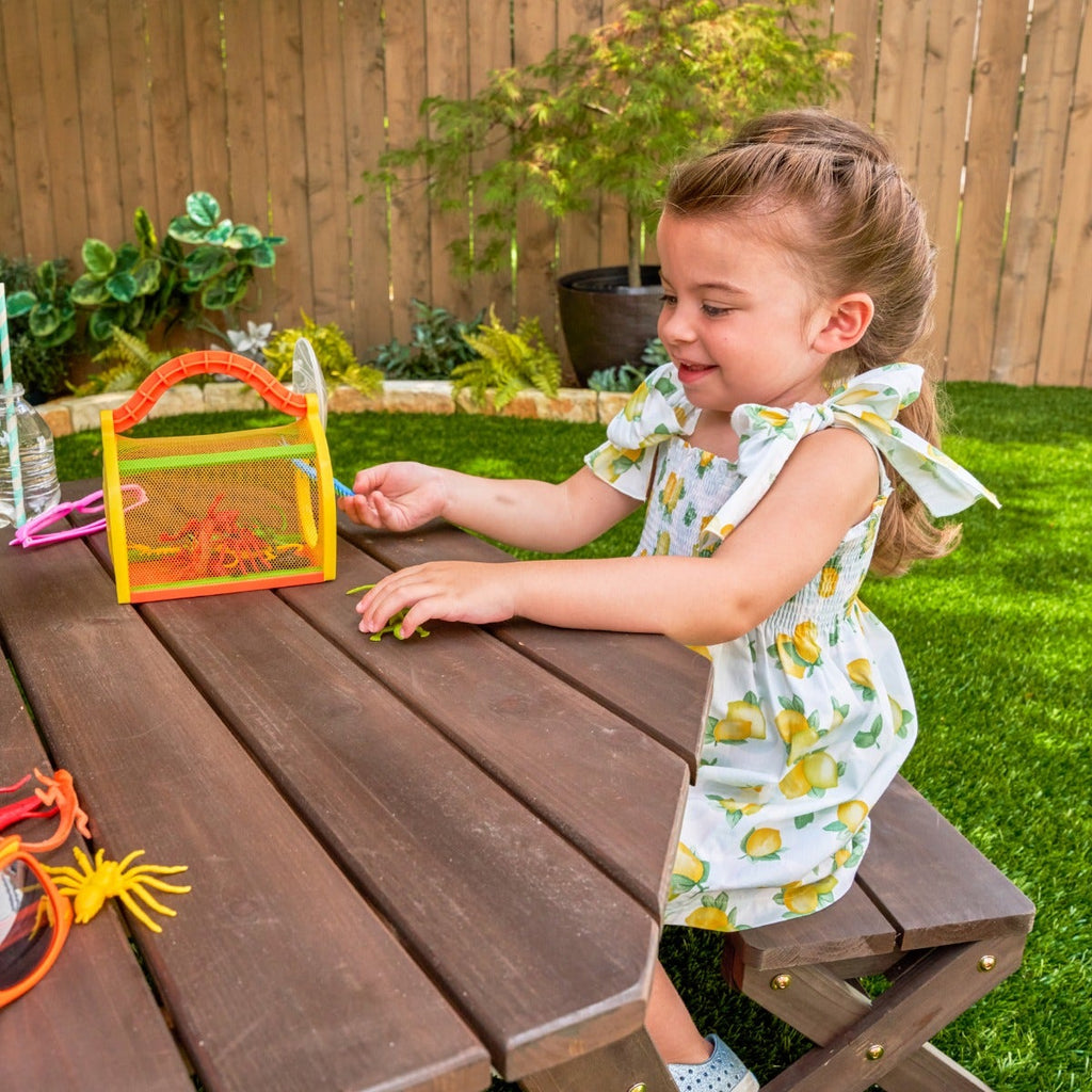 Kids Outdoor Table and Seating Set with Umbrella and Bench - Brown / Beige