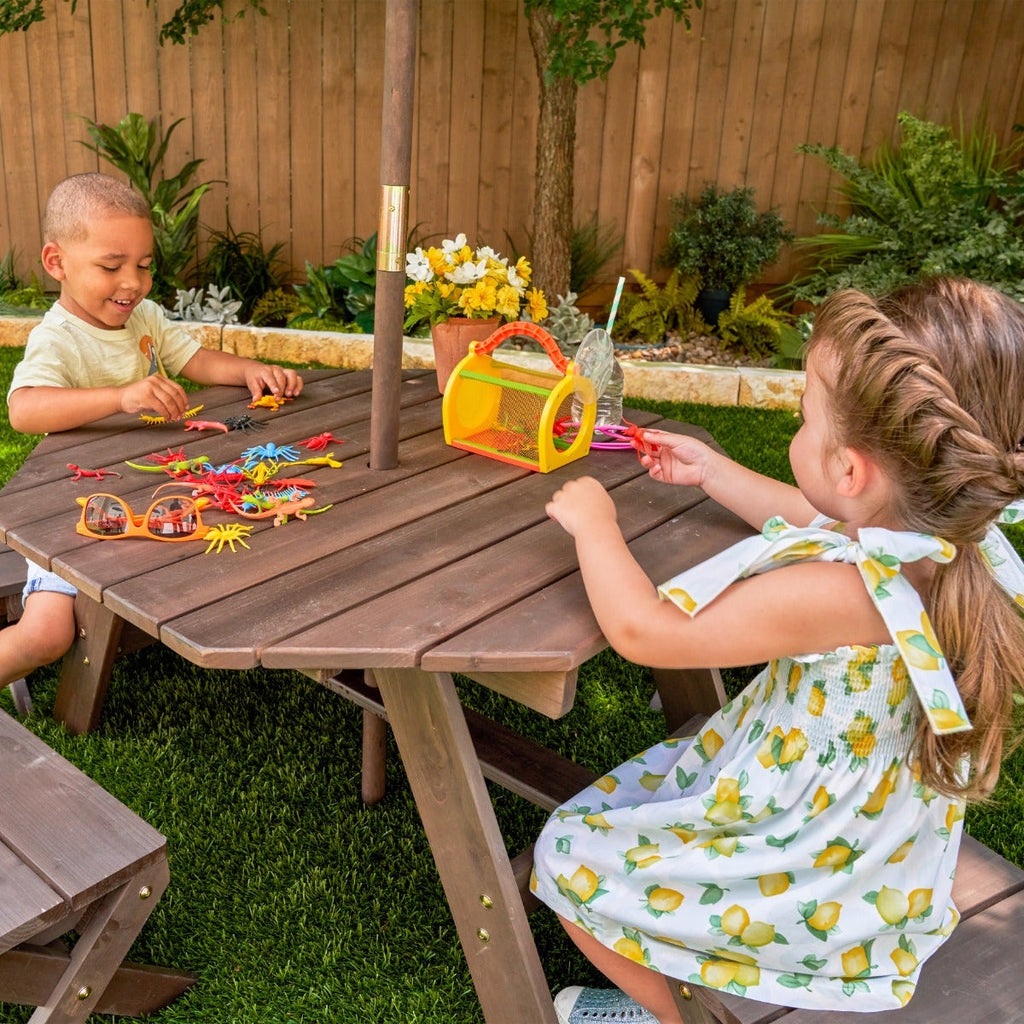 Kids Outdoor Table and Seating Set with Umbrella and Bench - Brown / Beige