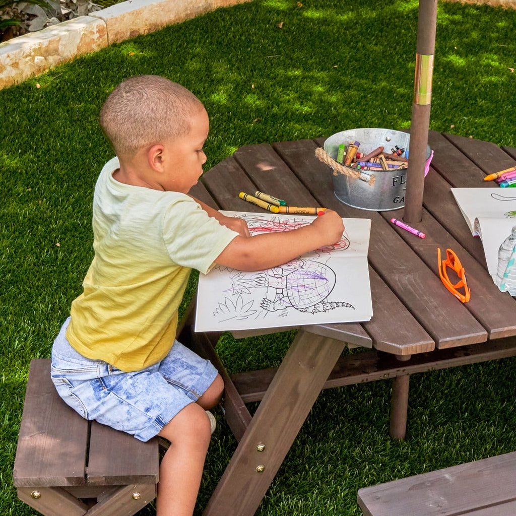 Kids Outdoor Table and Seating Set with Umbrella and Bench - Brown / Beige