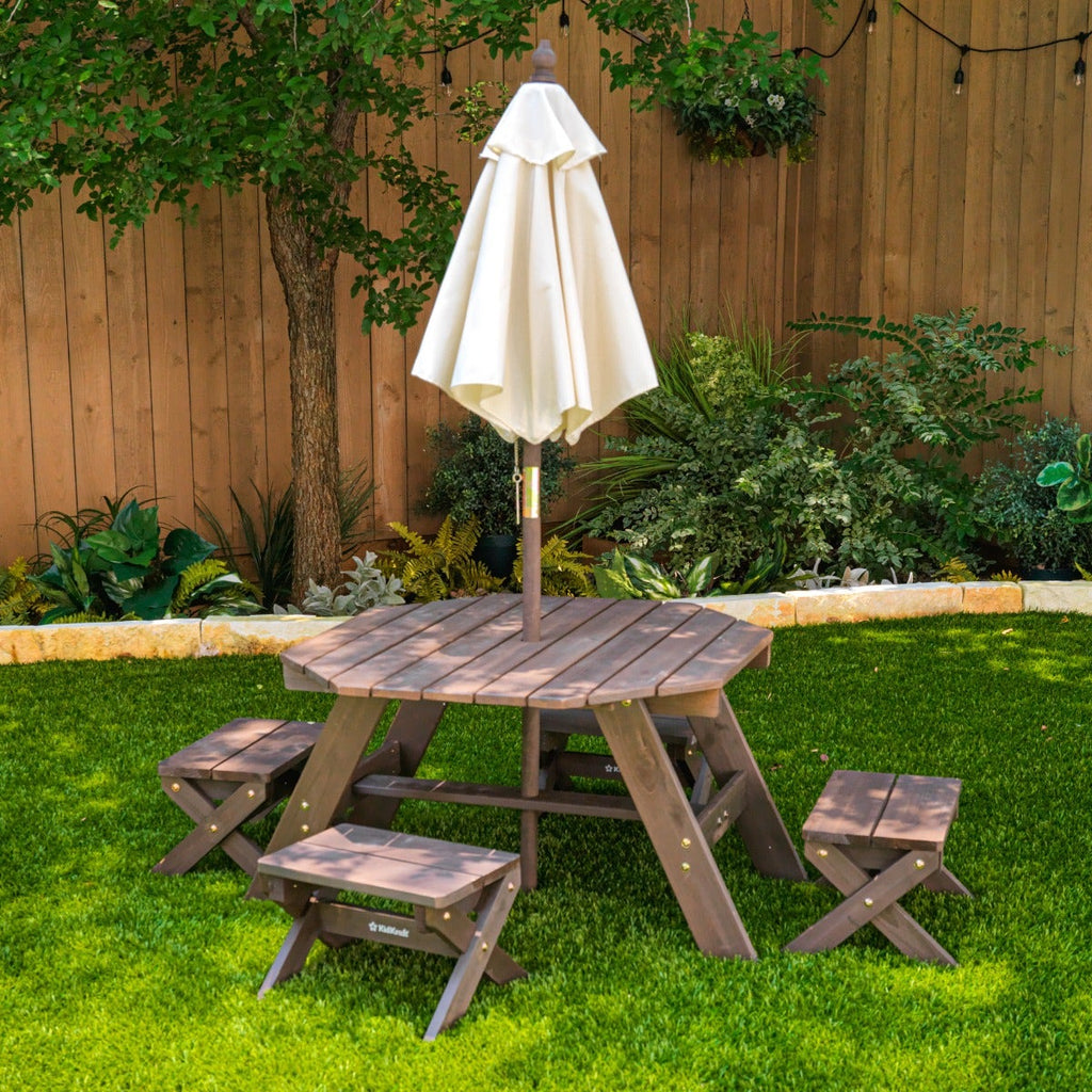 Kids Outdoor Table and Seating Set with Umbrella and Bench - Brown / Beige