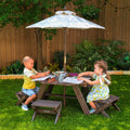 Kids Outdoor Table and Seating Set with Umbrella and Bench - Brown / Beige