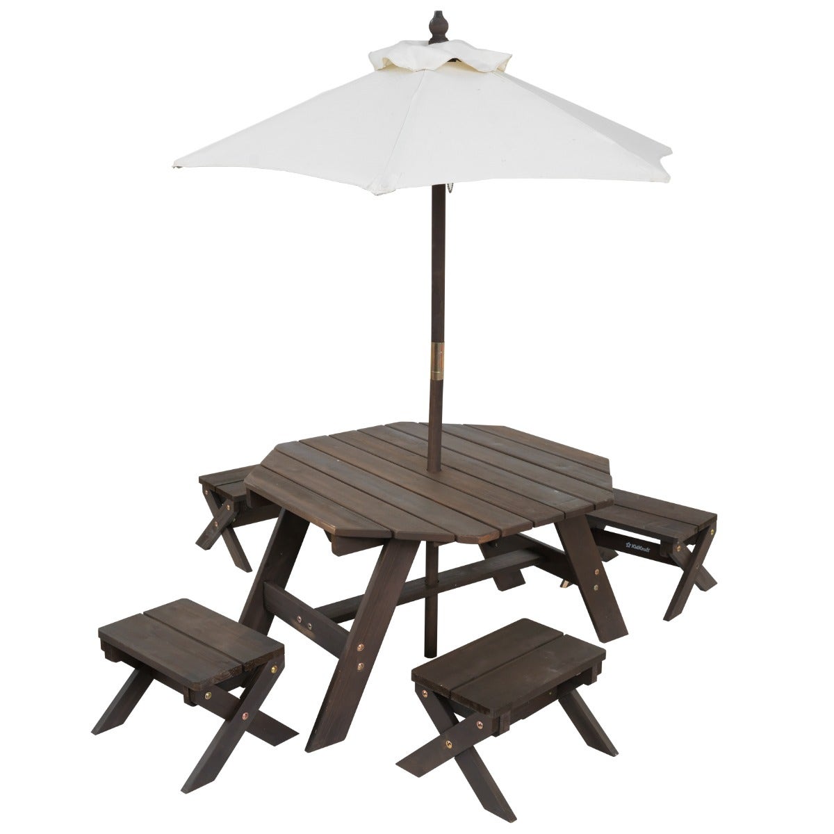 Kids Outdoor Table and Seating Set with Umbrella and Bench - Brown / Beige