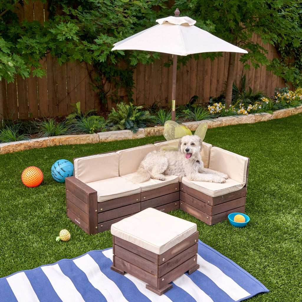 Kids Outdoor Sectional Seating Set with Umbrella - Brown / Beige
