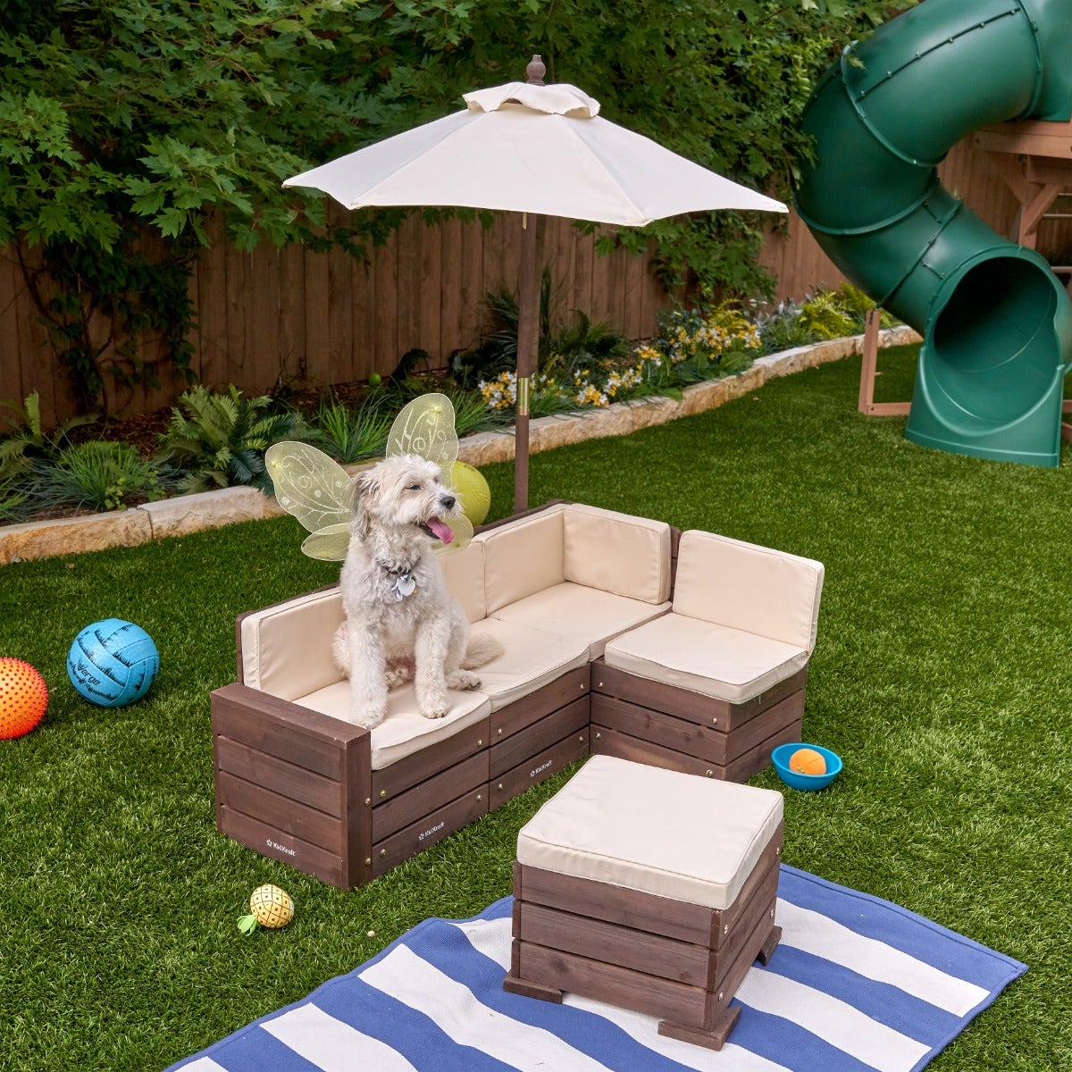 Kids Outdoor Sectional Seating Set with Umbrella - Brown / Beige