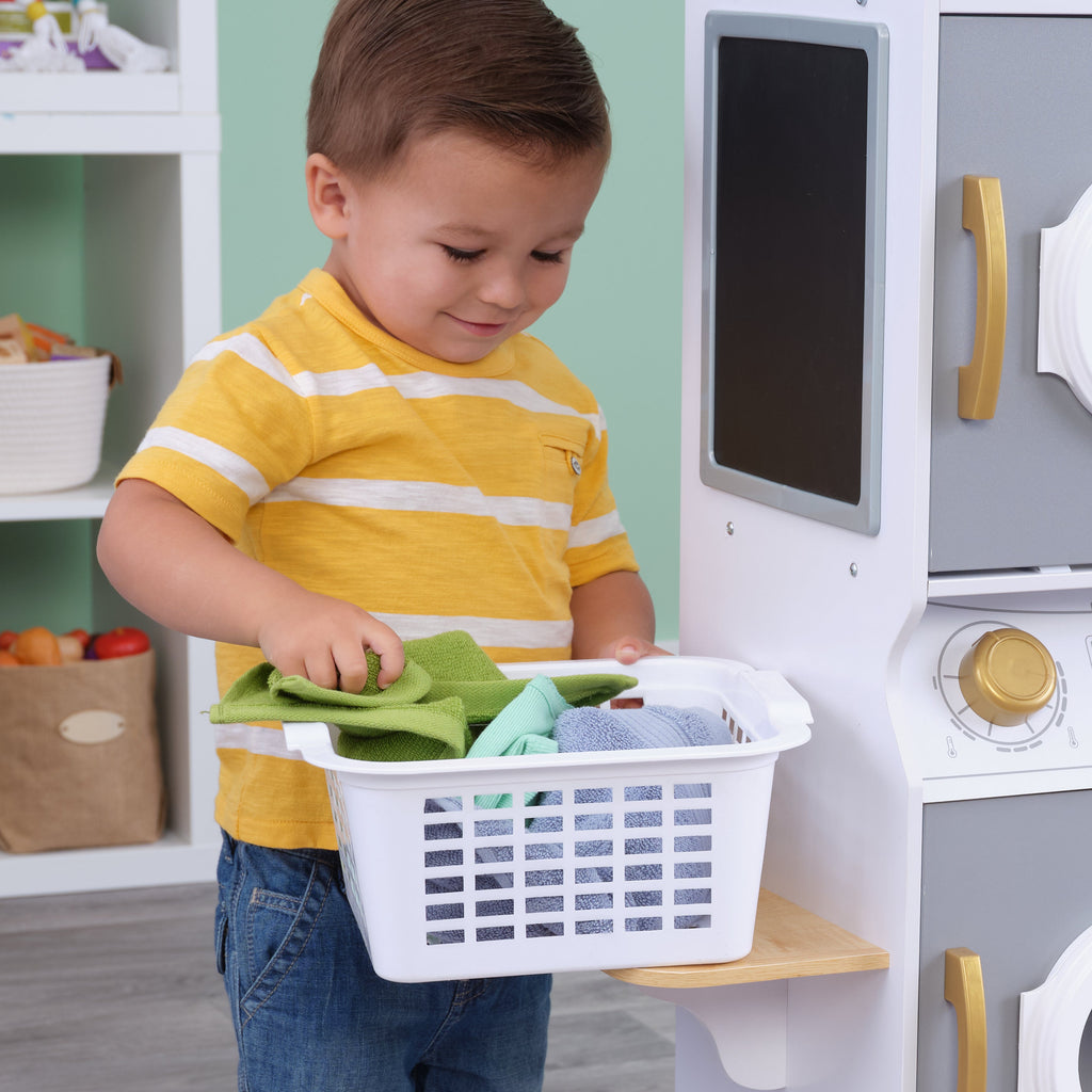 Kids Pretend Laundry Play Set with Chalkboard and Storage - White