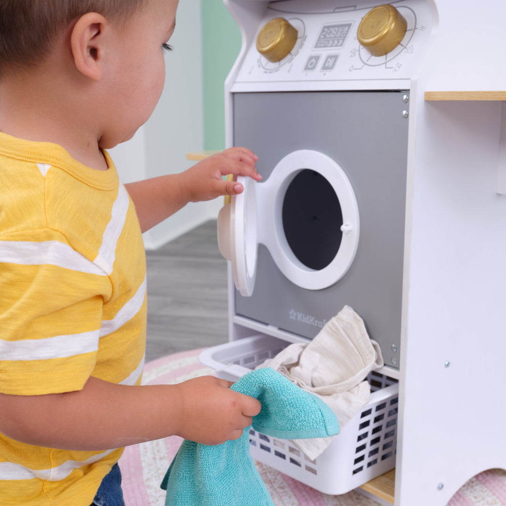 Kids Pretend Laundry Play Set with Chalkboard and Storage - White