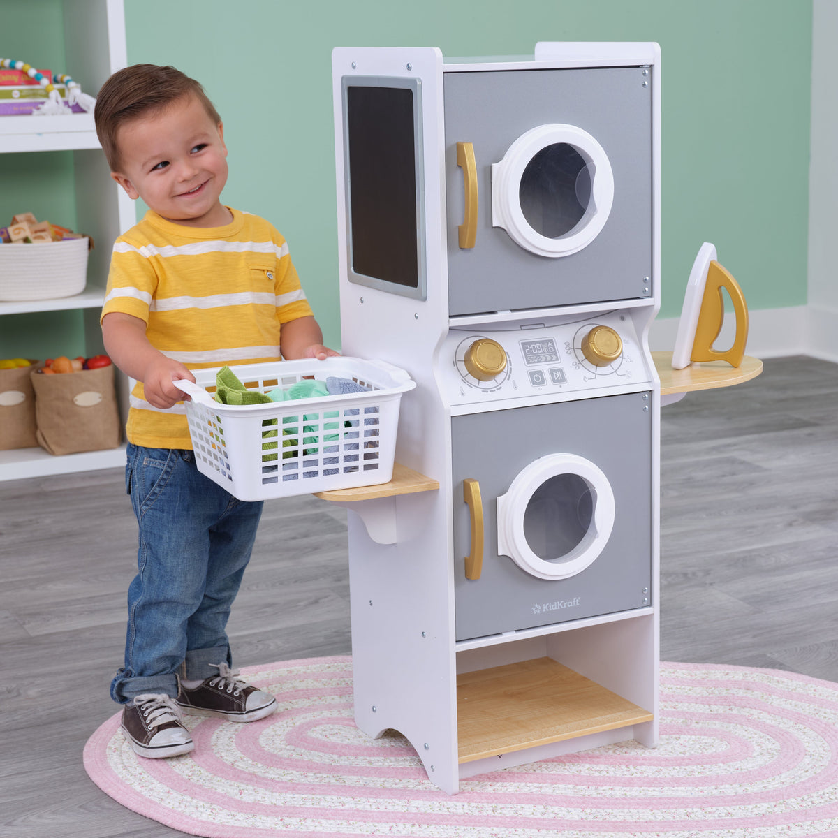 Kids Pretend Laundry Play Set with Chalkboard and Storage - White
