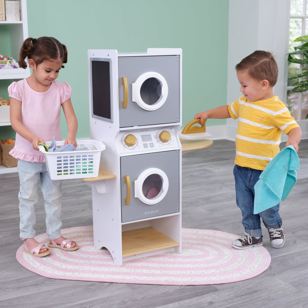 Kids Pretend Laundry Play Set with Chalkboard and Storage - White