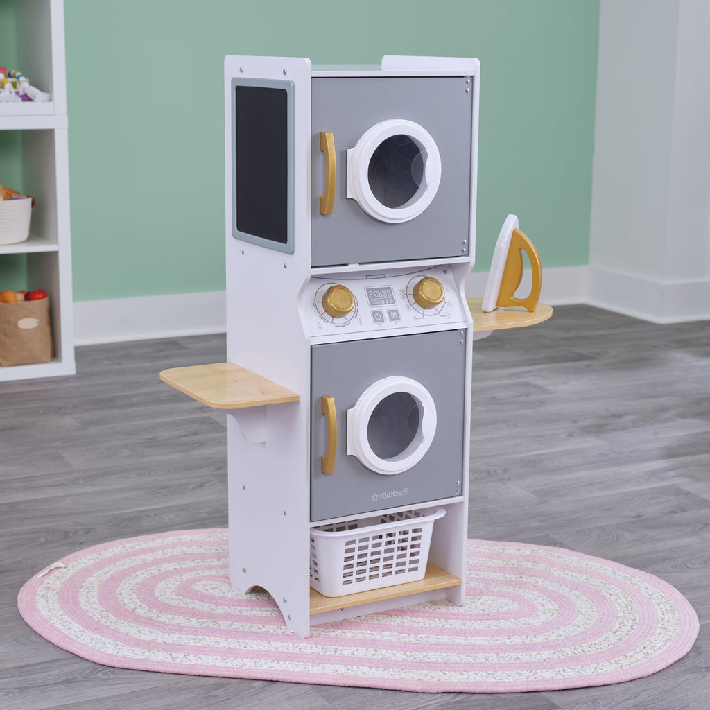 Kids Pretend Laundry Play Set with Chalkboard and Storage - White