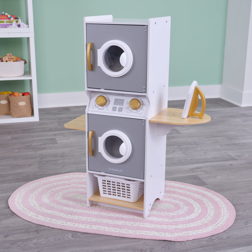 Kids Pretend Laundry Play Set with Chalkboard and Storage - White