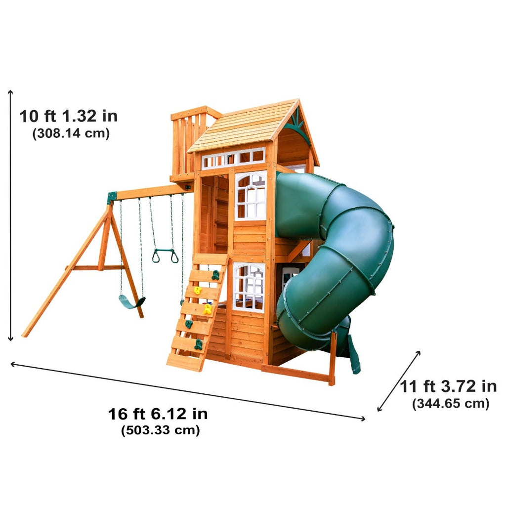 Wooden Outdoor Swing Set with Swings and Wave Slide