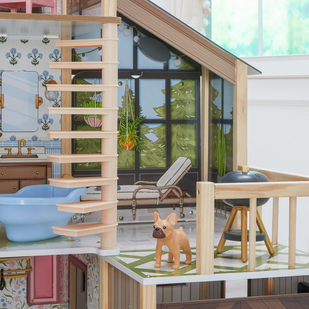 Wooden Dollhouse with Elevator and Greenhouse