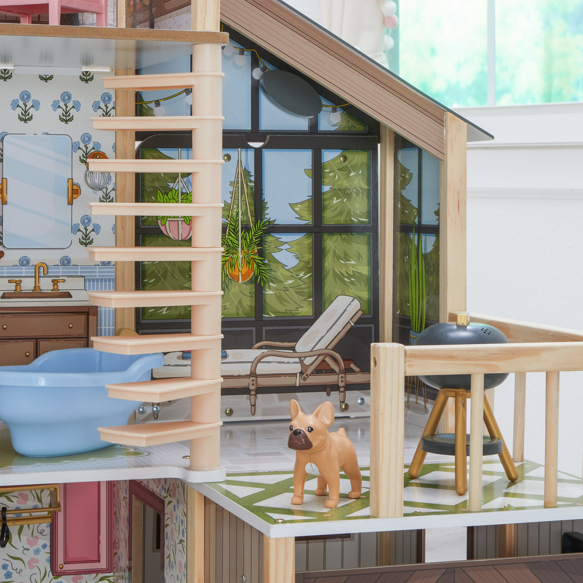 Wooden Dollhouse with Elevator and Greenhouse