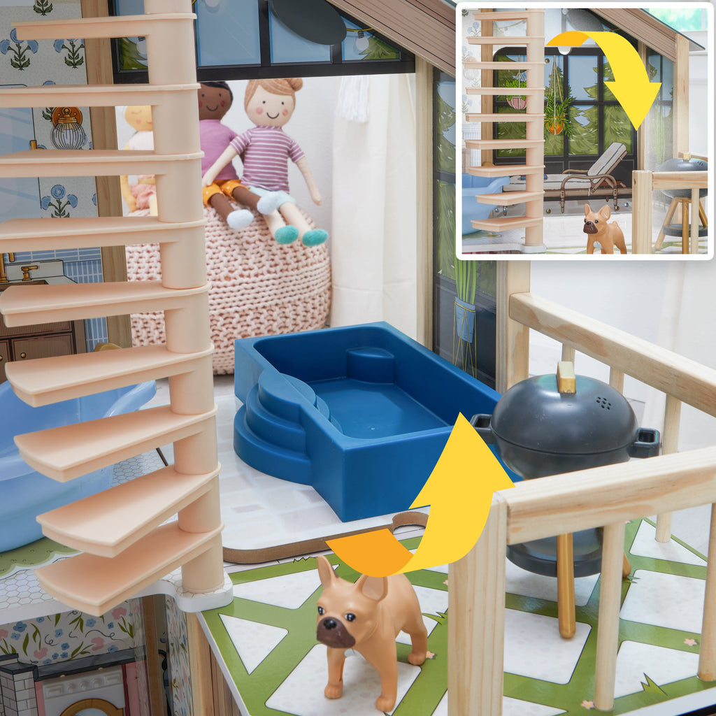 Wooden Dollhouse with Elevator and Greenhouse