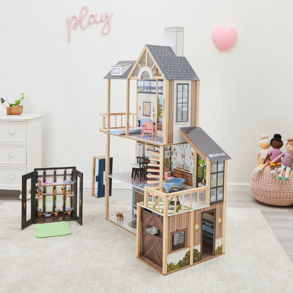 Wooden Dollhouse with Elevator and Greenhouse