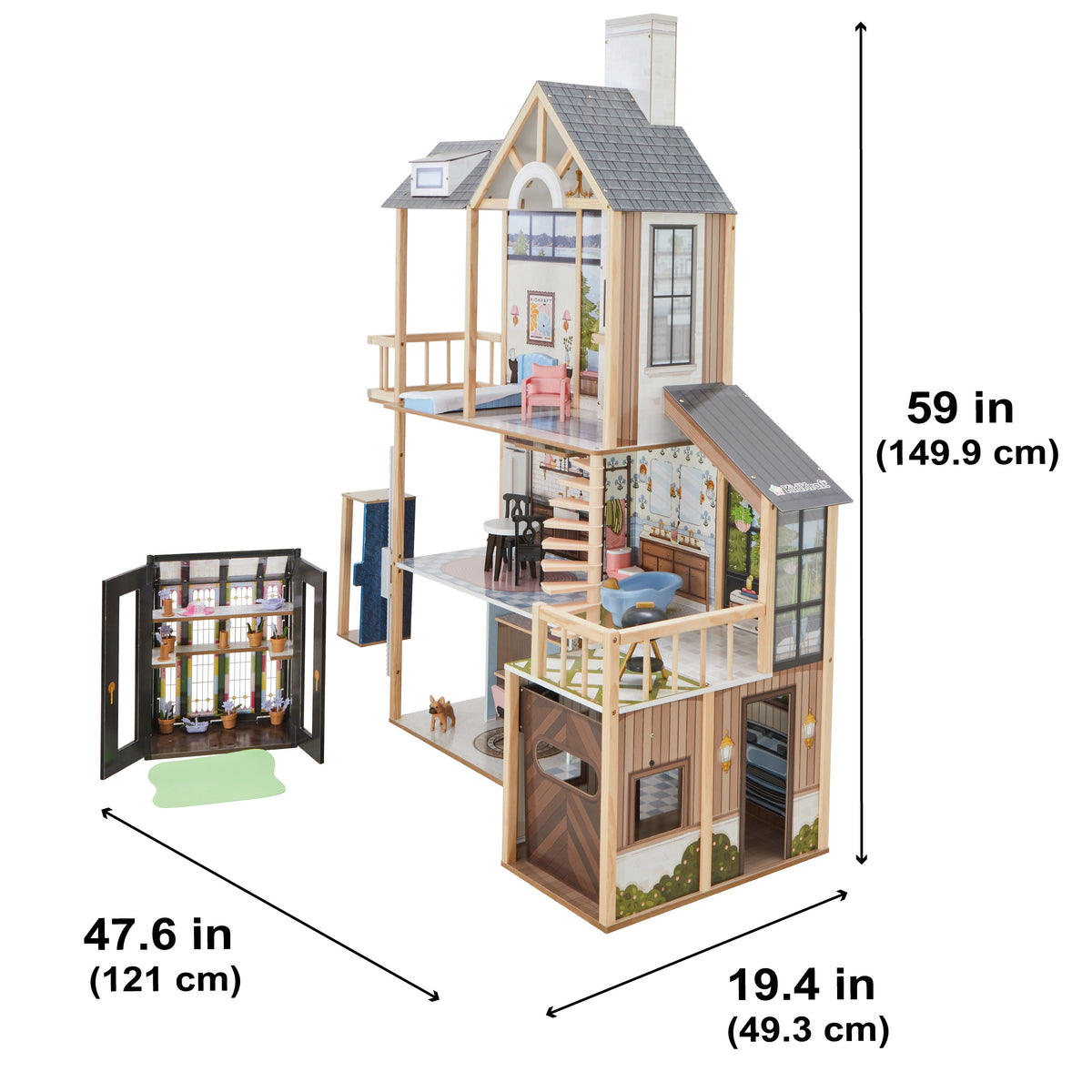 Wooden Dollhouse with Elevator and Greenhouse