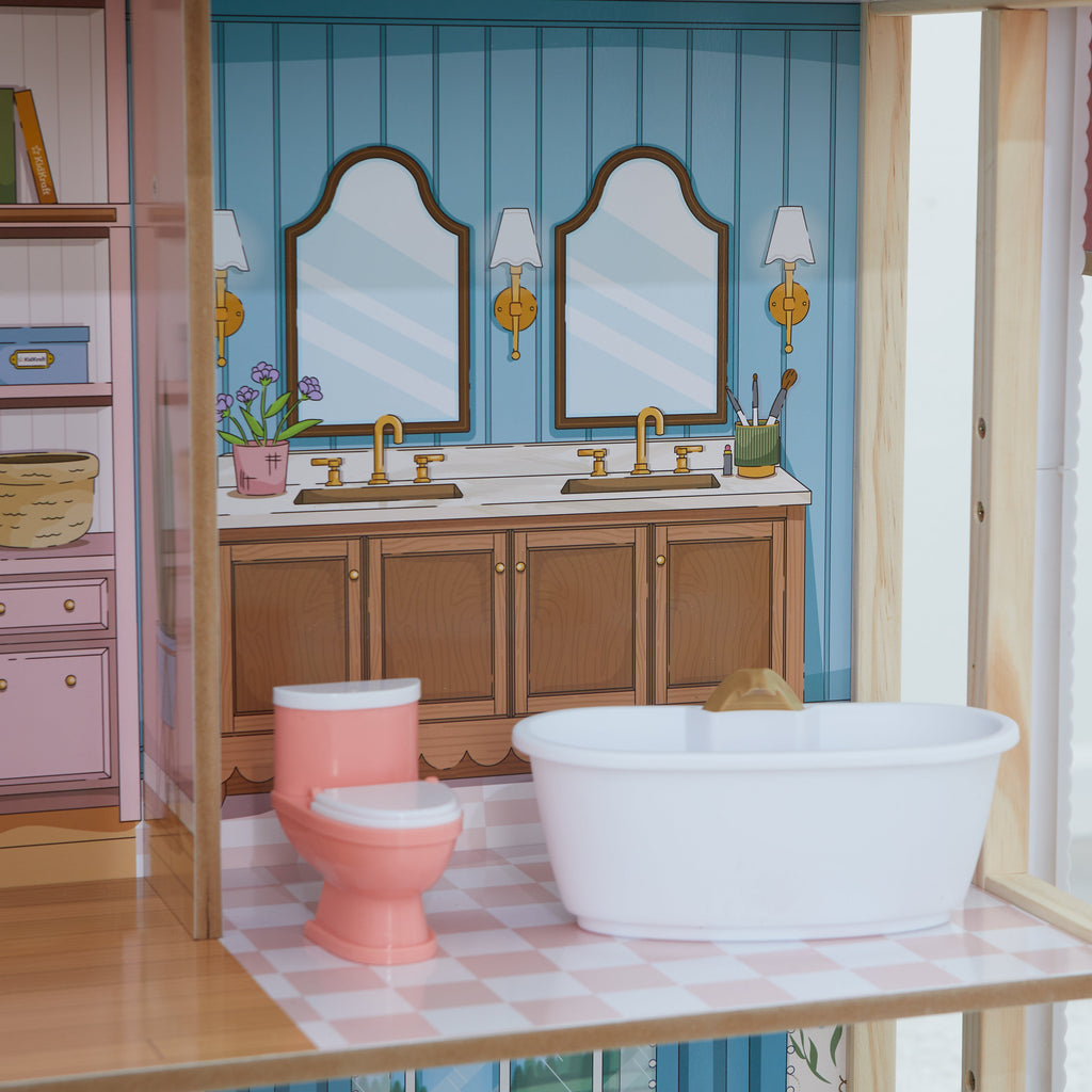Wooden Dollhouse with Elevator and Toy Car