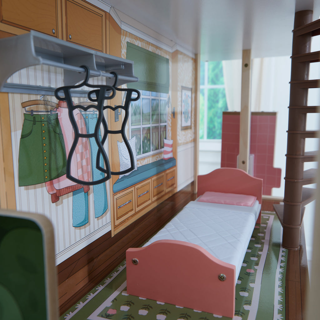 Wooden Dollhouse with Elevator and Toy Car