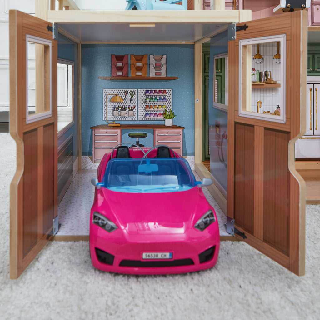 Wooden Dollhouse with Elevator and Toy Car