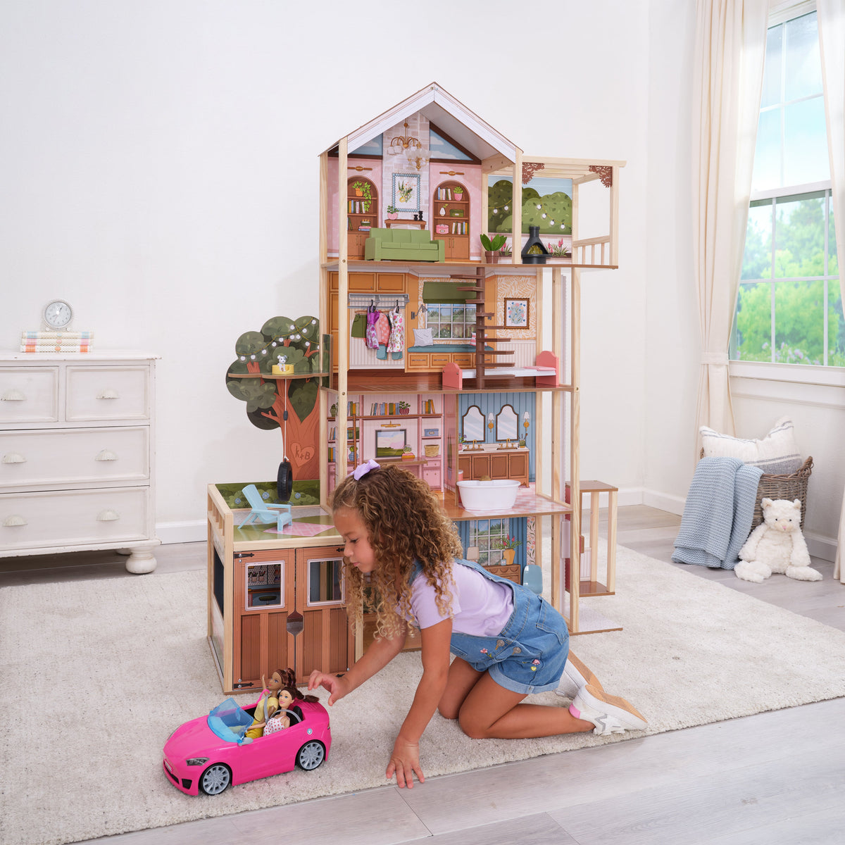 Wooden Dollhouse with Elevator and Toy Car