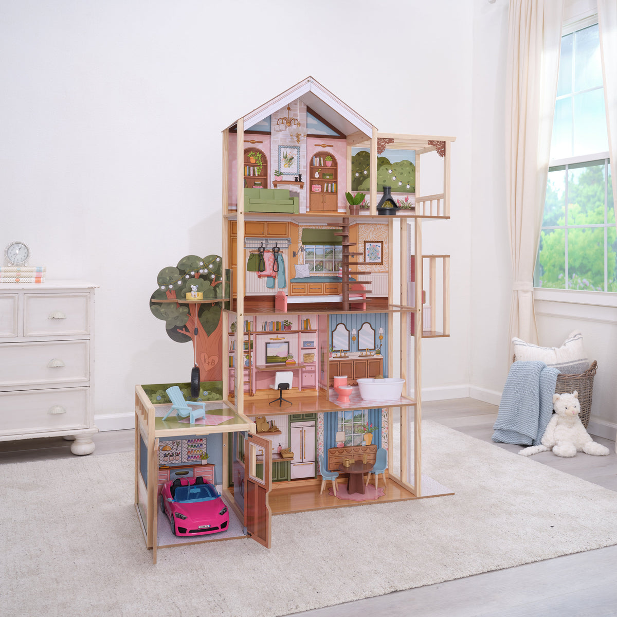 Wooden Dollhouse with Elevator and Toy Car