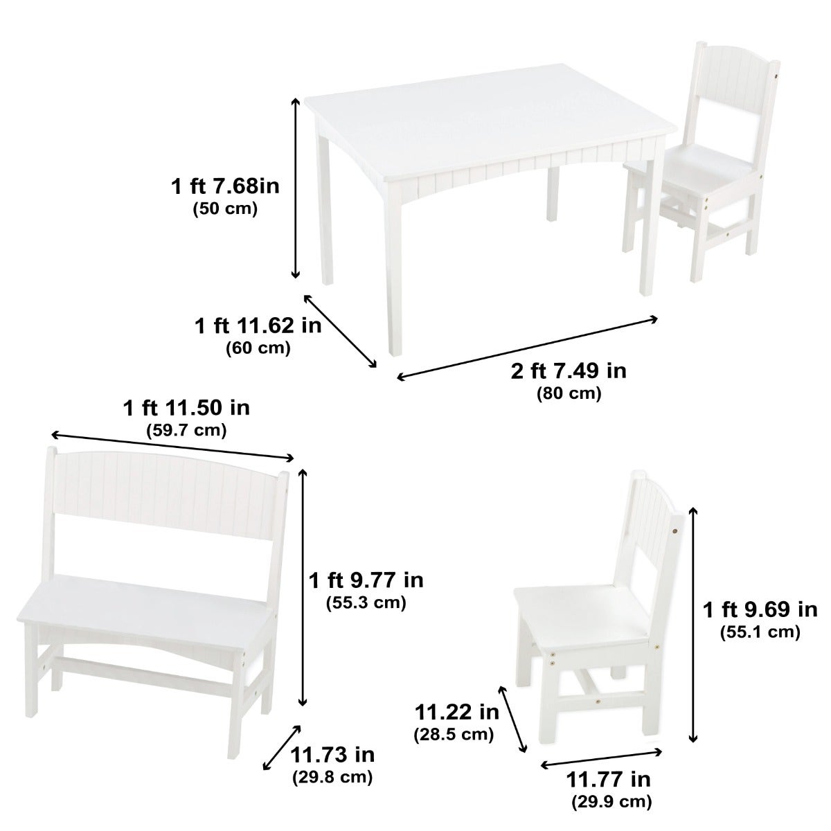 Kids Table and Chair Set with Bench and Two Chairs - White