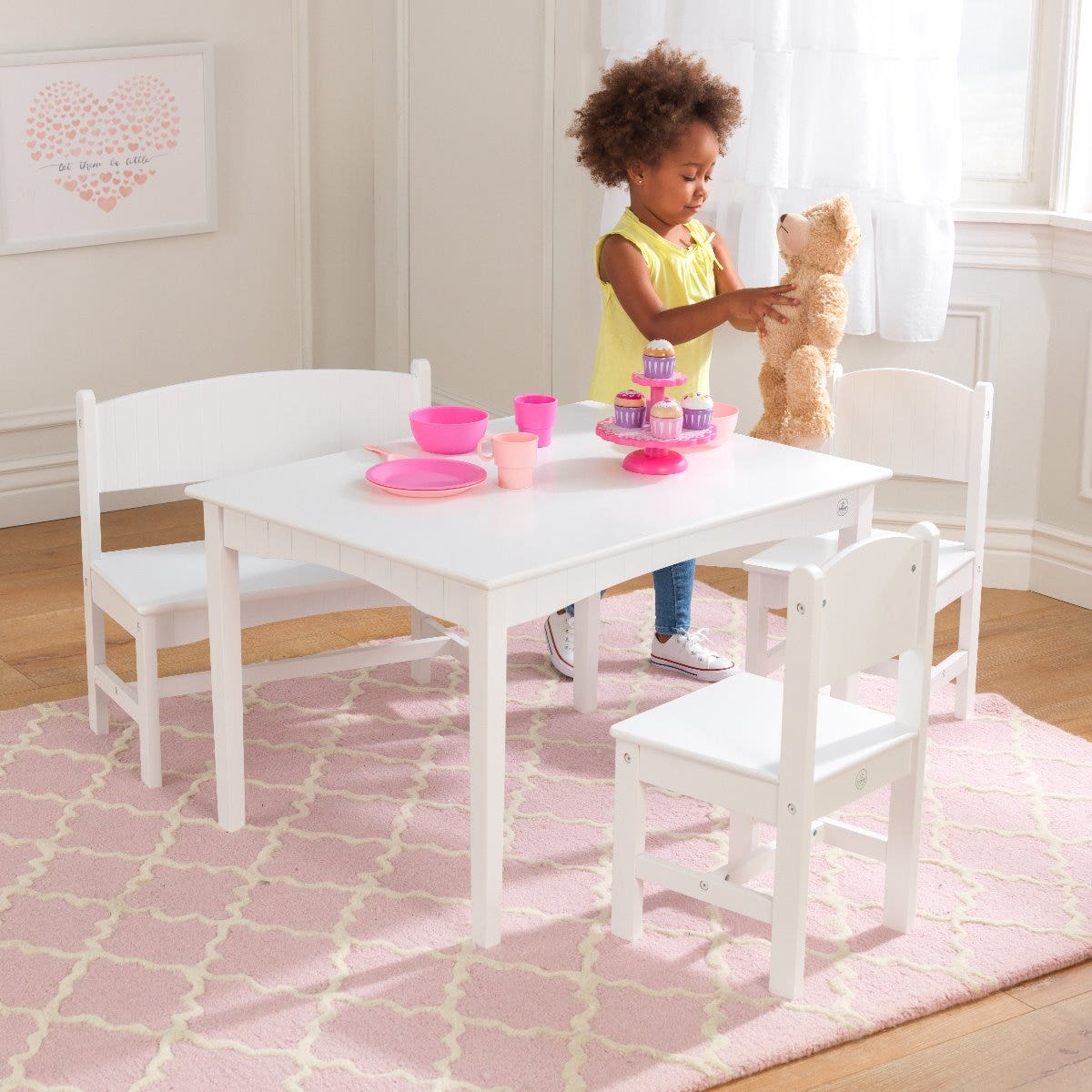 Kids Table and Chair Set with Bench and Two Chairs - White